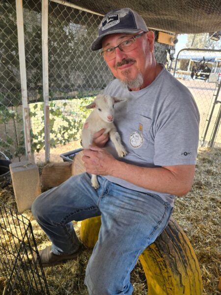 Man sitting on a yellow tire holding a baby goat in a farm setting, surrounded by straw and fencing, showcasing a warm interaction between humans and animals.